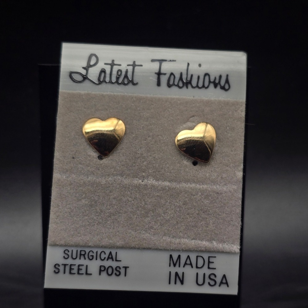 Gold Tone Heart Stud Earrings Vintage 1990s NOS On Card